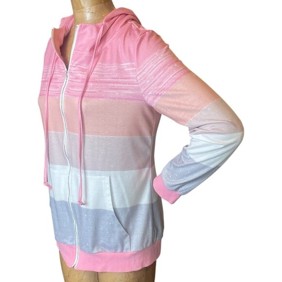 Pink Gray White Colorblock-Stripe Full Zip Hoodie Sz M #198J - Picture 4 of 8